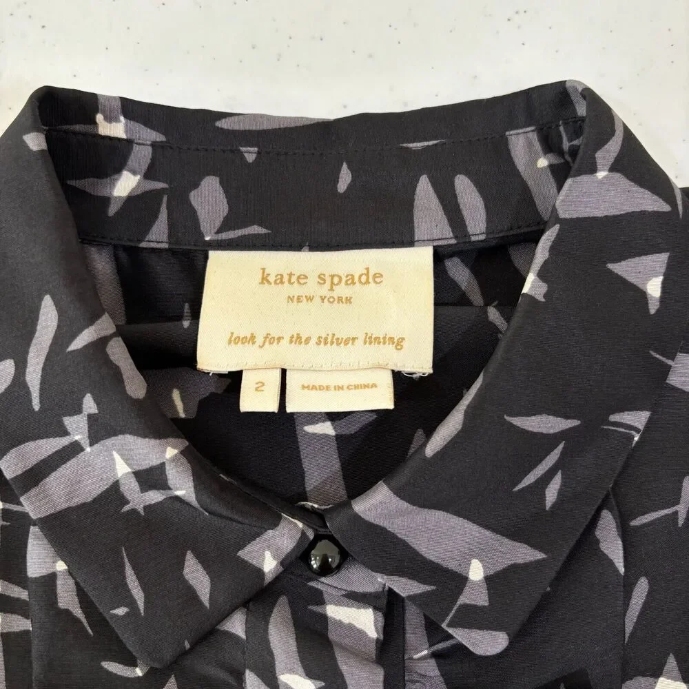 Kate Spade Nelli 100% Silk Fit Flare Dress sz 2 Black Gray Abstract Print Career